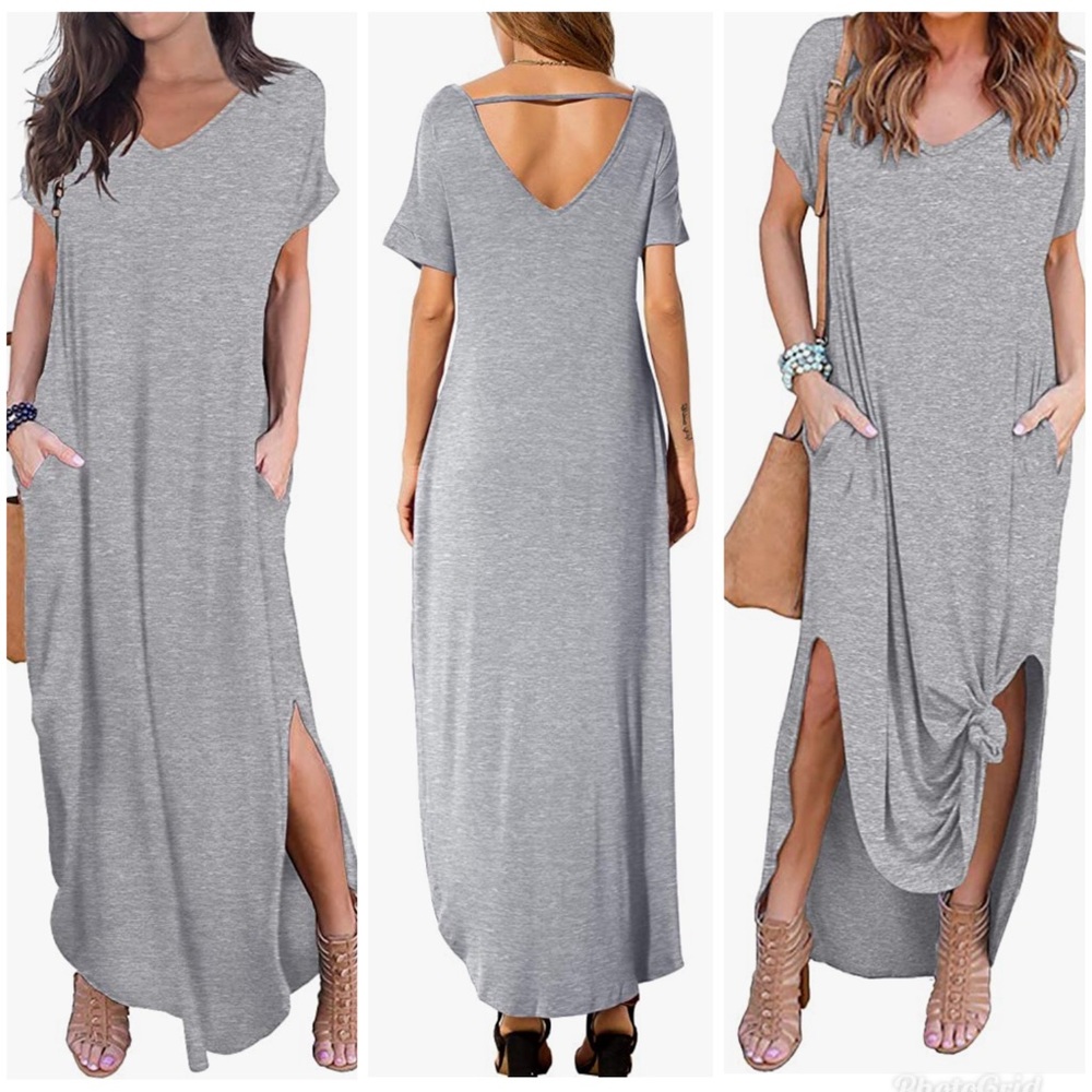 GRECERELLE Women's Casual Loose Short Sleeve Pockets Split Hem Long Maxi Dress